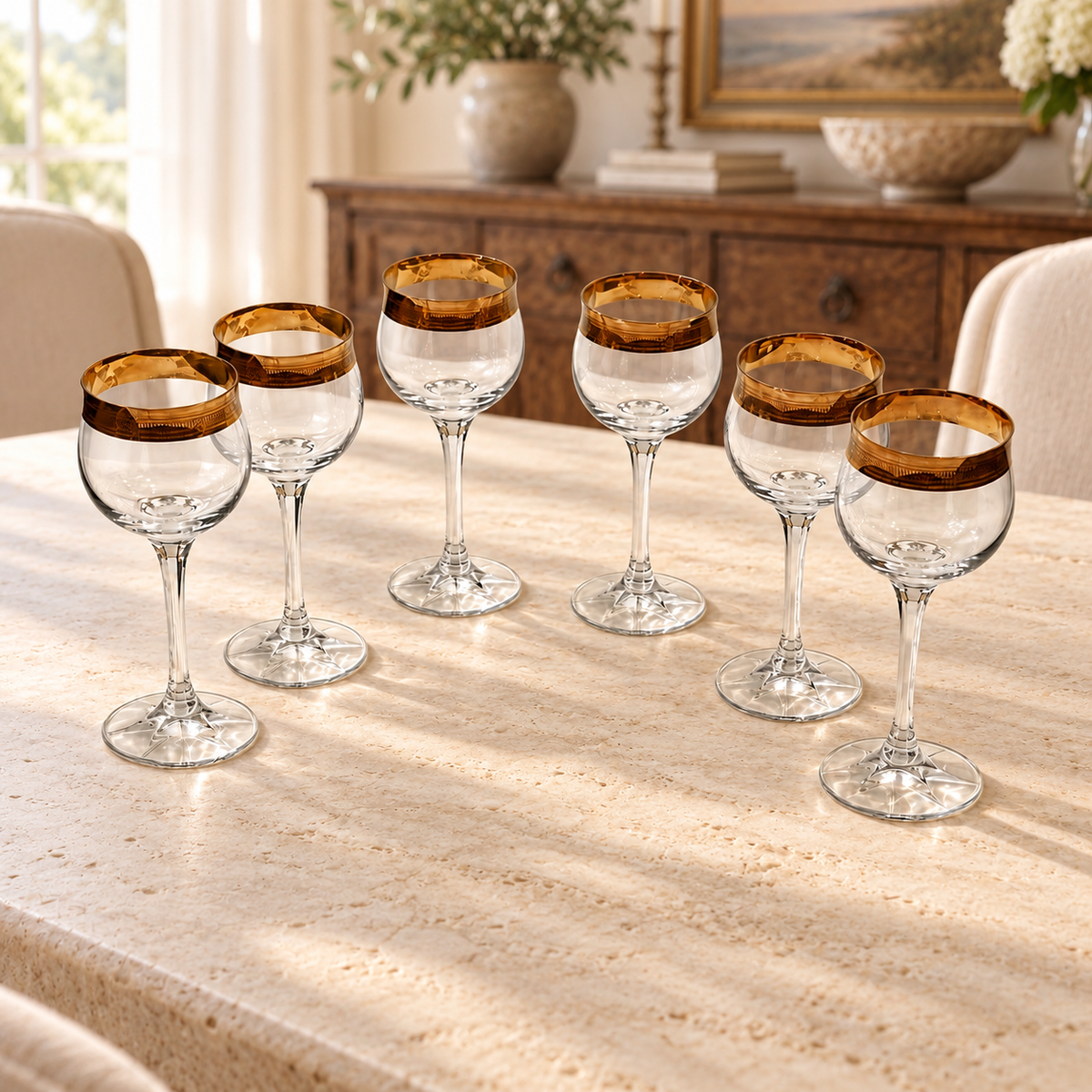 Theresienthal Concord Crystal Wine Glasses with 24K Gold Minton Rim — Set of 6 staged in a beautifully furnished home