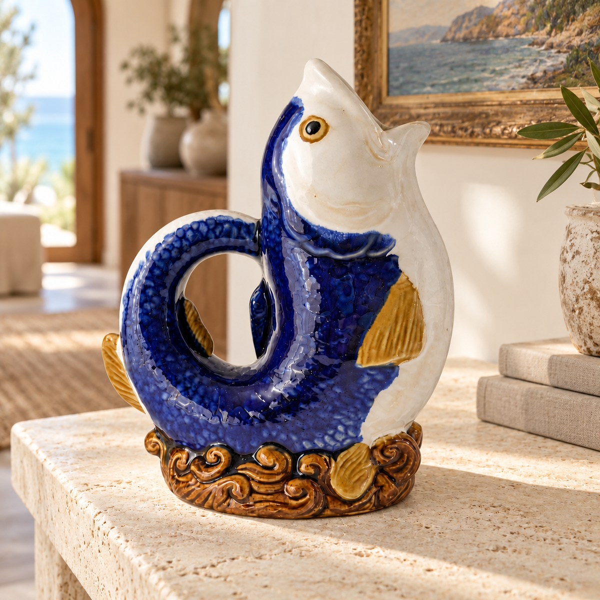 Vintage European Art Pottery Fish Pitcher | Hand-Painted Cobalt & Cream Ceramic | Coiled Dolphin Form on Wave Base | Signed staged in a beautifully furnished home
