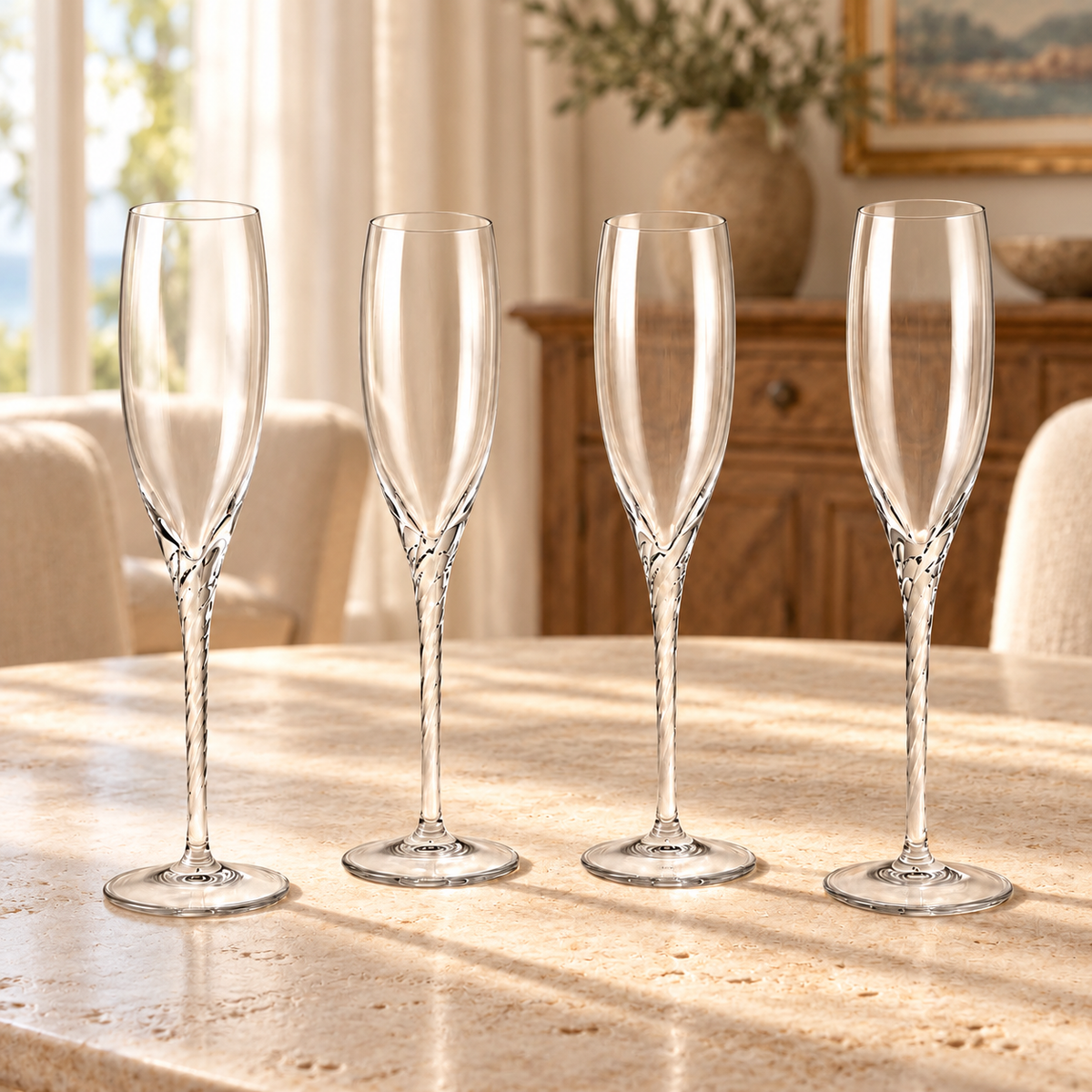 Vintage Lenox Aria Crystal Champagne Flutes Set of 4 Twisted Stem staged in a beautifully furnished home