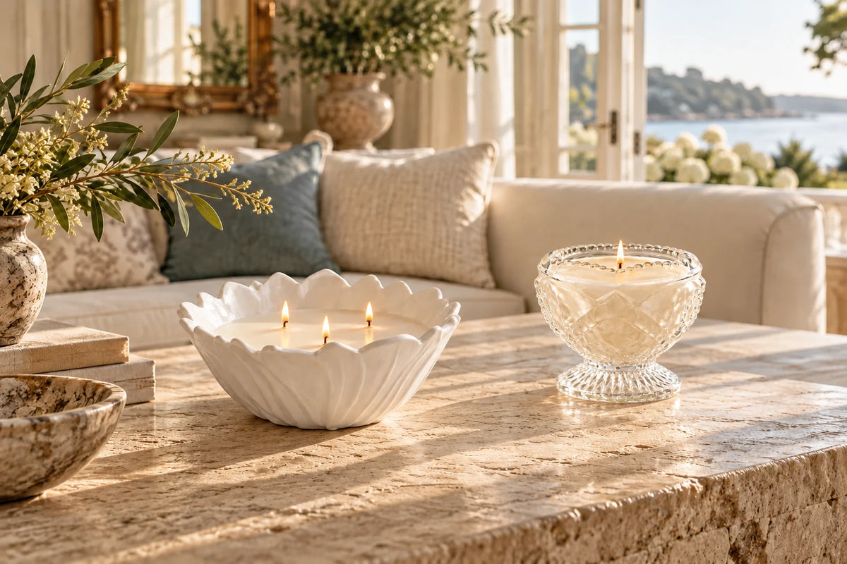 Porcelain flower bowl and crystal footed candle spaced apart on a sunlit stone tabletop